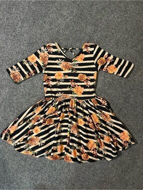 Dot Dot Smile Black and Cream Striped Floral Twirl Dress size 3/4